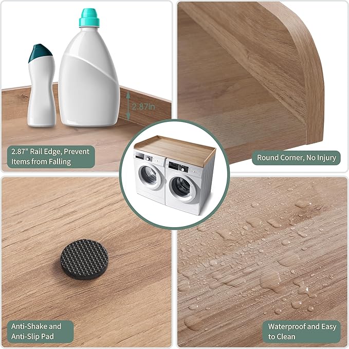 Washer Dryer Countertop with 2 Pack Storage Baskets, Wood Washer and Dryer Countertop with Non-Slip Pads/Edge Rails for Laundry Room Storage and Organization, 27.5" W x 54" L(Woodcolor)