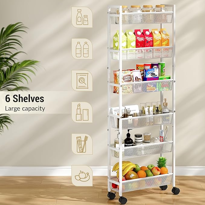 6 Tier Slim Storage Cart, Narrow Cart with Wheels, Metal Mobile Shelving Unit Organizer for Bathroom, Kitchen, Laundry Room, Living Room & Narrow Spaces, White, 6in(W)