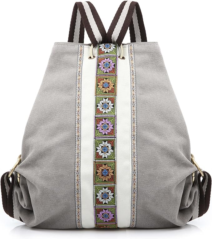 Goodhan Women Canvas Backpack Daypack Casual Shoulder Bag, Vintage Heavy-duty Anti-theft Travel Backpack, Light Grey