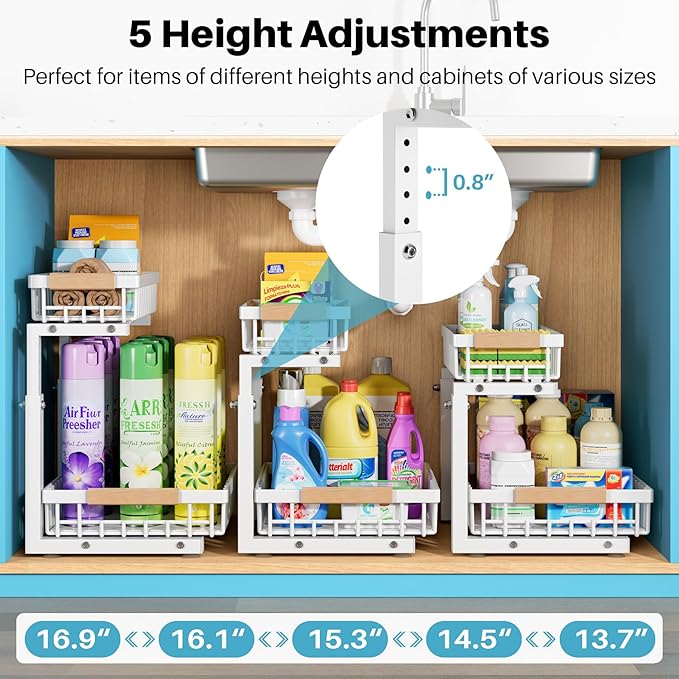 1 Packs Under Sink Organizer,Small Shelf for narrow spaces,2 Tiers Pull Out Under Cabinet Organizer,Adjustable Height,Slide Out Thickened Metal Under White
