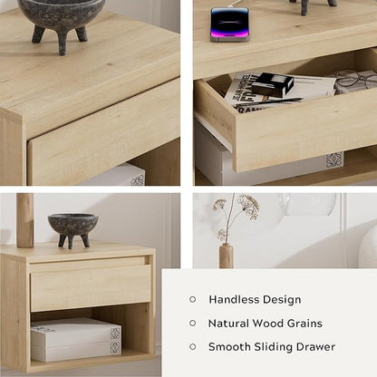 Mid Century Modern Floating Nightstand Set of 2, Wall Mounted End Table with Drawer and Open Compartment Wooden Bedside Night Stand Small Storage Cabinet for Bedroom, Light Oak