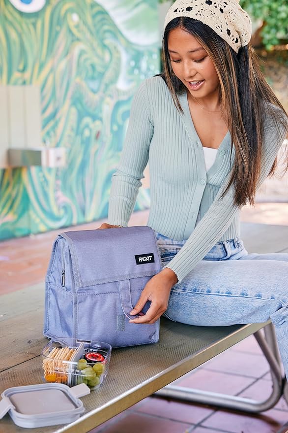 PackIt Freezable Lunch Bag, Gray Stripes, Built with EcoFreeze Technology, Foldable, Reusable, Zip and Fold Closure with Buckle Handle, Perfect for School and Office Lunches