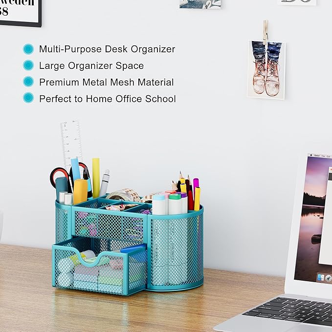 EasyPAG Mesh Pen Holder Desk Organizer with Drawer Stationery Supplies Organizer for Dorm School 9 Compartments Workspace Desk Accessories Organization for Office, Blue