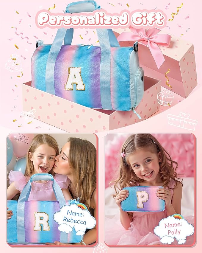Gifts for 3 4 5 6 7 8 9 Year Old Girls-Girl Gym Bag with Shoe Compartment, Kid Personalized Weekender Overnight Bags, Initial Travel Tote with Makeup Pouch, Easter Gift for Teen (Letter C)