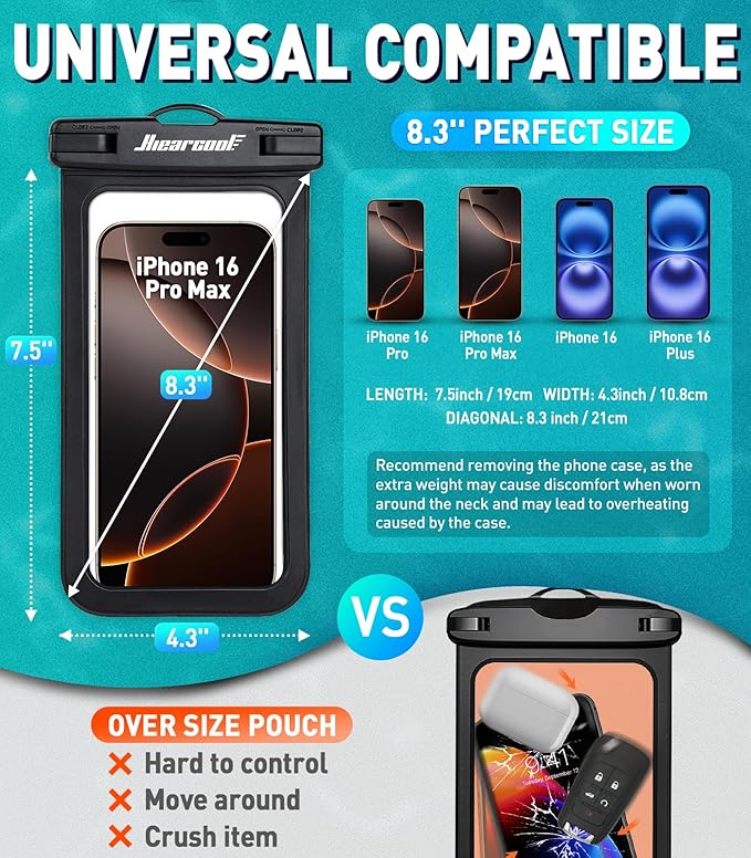 Hiearcool Universal Waterproof Case, Waterproof Phone Pouch Compatible for iPhone 16 15 14 13 Pro Max XS Plus Samsung Galaxy S22 Cellphone Up to 8.3", IPX8 Cellphone Beach Bag for Travel - 2 Pack