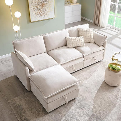 88.98" Sectional Couches for Living Room, Cloud Couch Sectional with Large Storage, L-Shape Modular Sectional Sofa with Ottoman, 4 Seater Chenille Sofa with Pillow for Apartment, Bedroom, Beige