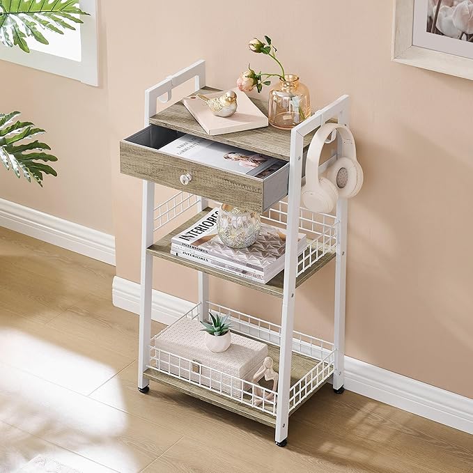 3-Tier Ladder Shelf with Drawer, Bathroom Floor Storage Shelf, Freestanding Tower Shelf Ladder Bookshelf for Living Room,Bedroom -White