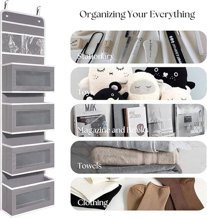 Giraffe Creation Over Door Organizer with 4 Large Capacity Pockets, Hanging Organizer Storage for Closet Bathroom Nursery Bedroom Dorm, Toys Cosmetics Sundries and Baby Essentials, Gray