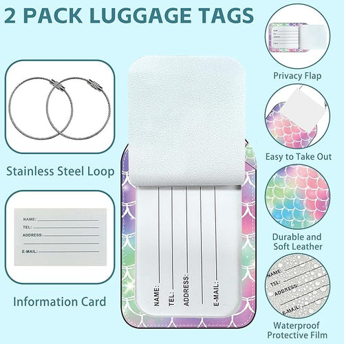 2 Pack Cute Luggage Tag for Suitcases Tie-dye Fish Scale Leather Luggage Tags with Stainless Steel Loop Privacy Flap Name Tags,Men and Women Travel Bag Suitcase Tags