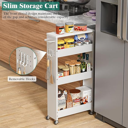 Slim Storage Cart, 4-Tier Kitchen Rolling Cart Narrow Storage Cabinet with Handle & Wheels, Metal Rolling Shelf Unit for Kitchen Bathroom Laundry Small Places (5.9IN White/White)
