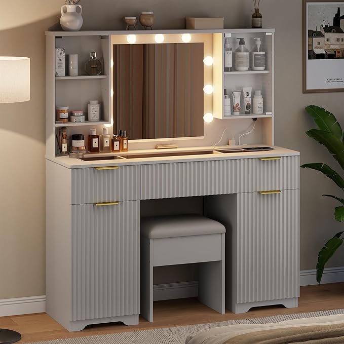ONME Fluted Makeup Vanity Desk with Mirror and Lights, for Women and Girls, Vanity Table with Drawers, Glass Top, Power Outlet & Adjustable Shelves, Modern Dressing Table for Bedroom