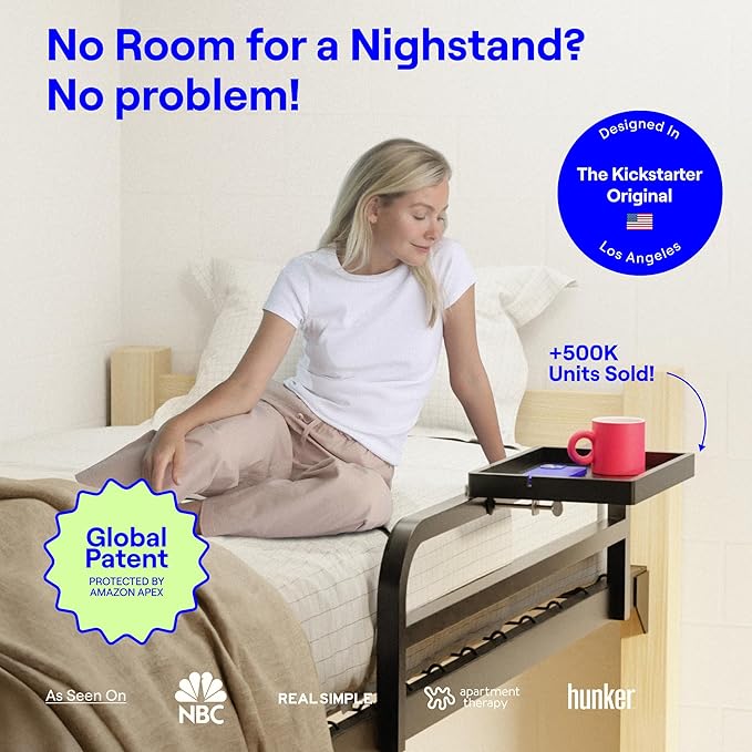 BedShelfie Bedside Shelf for Bunk Bed & Top Bunk, College Dorm Room Essentials, Loft Nightstand, Floating Bed Side Table Tray Storage, Dorm Room Decor by Smallish - (Flexfit Model, Black)