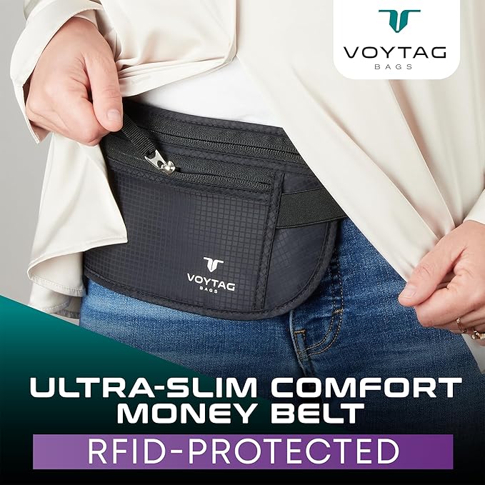 Travel Money Belt & Passport Holder - RFID Blocking Slim Travel Wallet & Fanny Pack for Men and Women - Essential Travel Pouch for Cash, Credit Cards, and Documents (Beige)