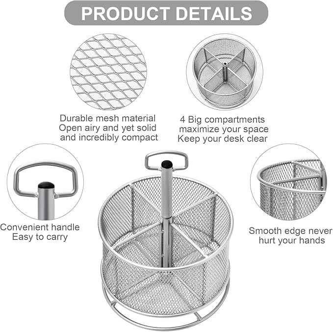 Marbrasse Mesh Desk Organizer, 360-Degree Rotating Multi-Functional Pen Holder, 4 Compartments Desktop Stationary Organizer, Home Office Art Supply Storage Box Caddy (silver)