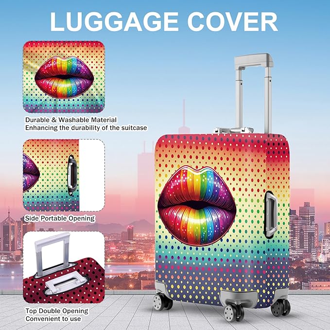 ANNA QUEEN Pop Art Rainbow Lips Luggage Cover, Colorful Suitcase Protector with Bold Lip Design, Stretchable, Washable Travel Cover for 32-34 Inch Luggage, Fun & Fashionable Style