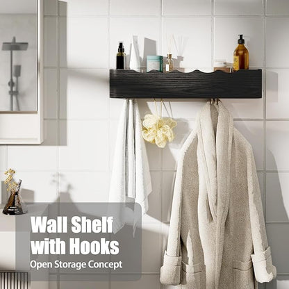 Coat Rack Wall Mount with Shelf 4 Hidden Hooks Modern Wooden Key Holder Entryway Organizer for Hallway Bedroom Bathroom Home Decor Storage for Hanging Coats Hats Bags Towels, Wave-Shape Black