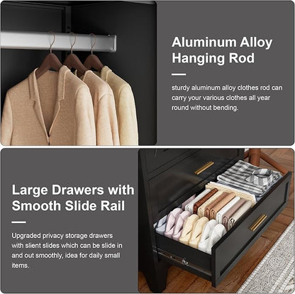 71" Tall Metal Wardrobe Cabinet with 2 Drawers and Hanging Rod, 2 Doors Armoire Wardrobe Closet with Shelf for Bedroom, Office, Laundry Room, Black