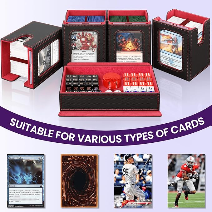 Card Storage Box for MTG with Commander Display for Trading Cards 400+, Card Deck Box with Handle, Removable Deck Case for TCG/Sports Cards, 4 Dividers, 1 Dice Tray, 4 Card Holders, Black Red