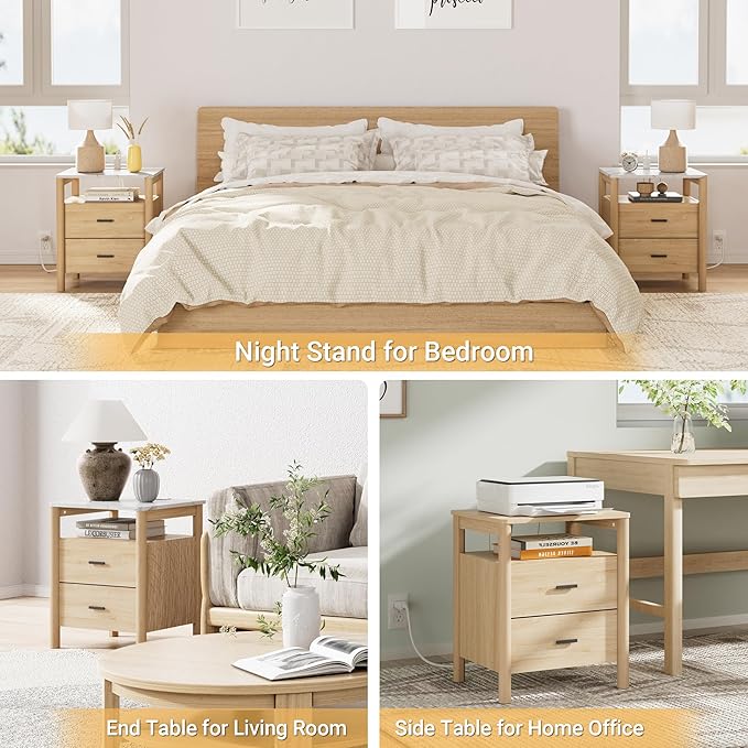 Night Stand with Charging Station, 20" Large Modern Nightstand with Faux Marble Top, 2 Drawers End Table with Solid Round Post Legs & Open Shelf for Bedroom, Natural Oak