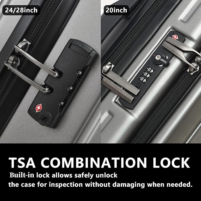 TydeCkare 2pcs 20/28" Luggage Set Lightweight HardShell, Only 20 Inch Carry On 21.65 * 15.35 * 7.87" Cabin Suitcase with Front Pocket, 28 Inch 19.68 * 11.81 * 29.92" Checked Luggage, Gray