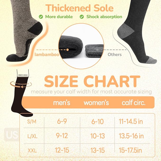 Merino Wool Compression Socks for Women Men, 15-20 mmHg Knee High Socks for Flying, Travel, Running