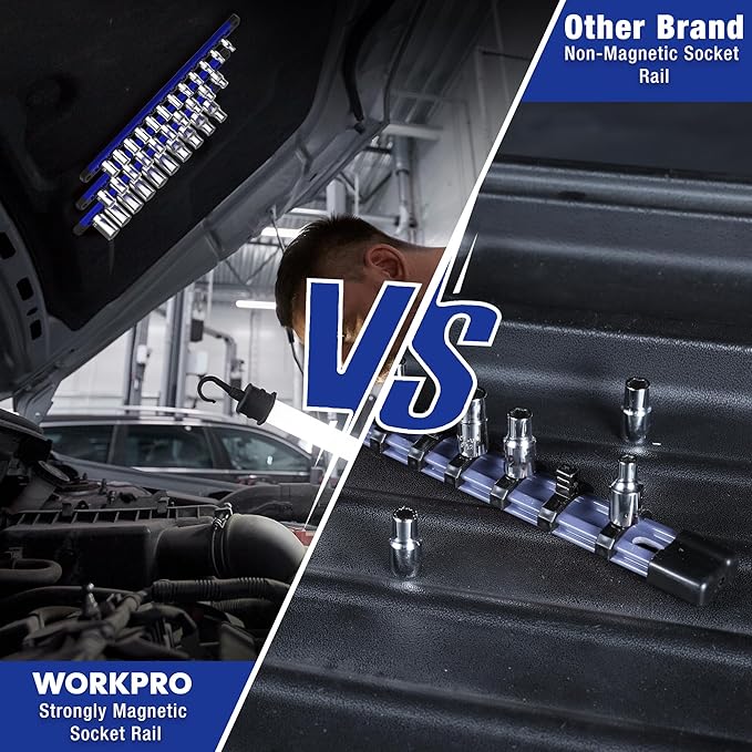 WORKPRO Magnetic Socket Organizer, 1/2-Inch Drive Aluminum Alloy Socket Rail, Heavy Duty Socket Holder, Socket Rack Kit 1/2-Inch x 10 Clips (Blue)