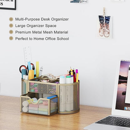 EasyPAG Mesh Pen Holder Desk Organizer with Drawer Stationery Supplies Organizer for Dorm School 9 Compartments Workspace Desk Accessories Organization for Office, Gold