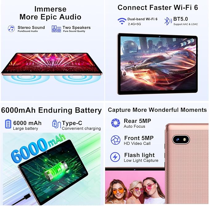 2025 Tablet Android 14 Tablets with 128GB ROM+18GB RAM, 1TB Expand 2 in 1 10.1 Inch Tablet with Keyboard, Powerful Octa-Core, WiFi 6, BT5.0, 6000mAh, Widevine L1, Gold