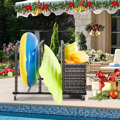 Poolside Float Storage Organizer,Pool Toy Storage Holder with Wicker Basket Outdoor Pool Float Holder Rack Rolling Poolside Caddy Cart Raft Rack for Pool Noodle Equipment Mixed Grey