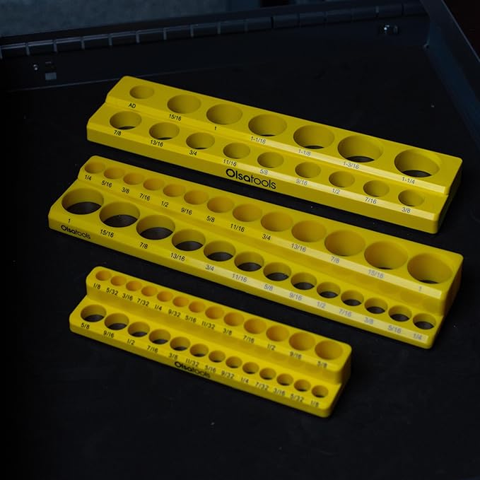 Olsa Tools Magnetic Socket Organizer | 3/8-inch Drive | SAE | Yellow | Holds 16 Sockets | Professional Quality Tools Organizer