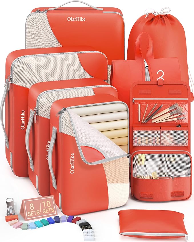 8 Set Packing Cubes for Travel, Gifts for Women Mom,Anti-Tearing Suitcase Organizer for Luggage with Shoe & Hanging Toiletry Bag,OlarHike Vacation Essentials & Accessories for Cruise Ship,Orange