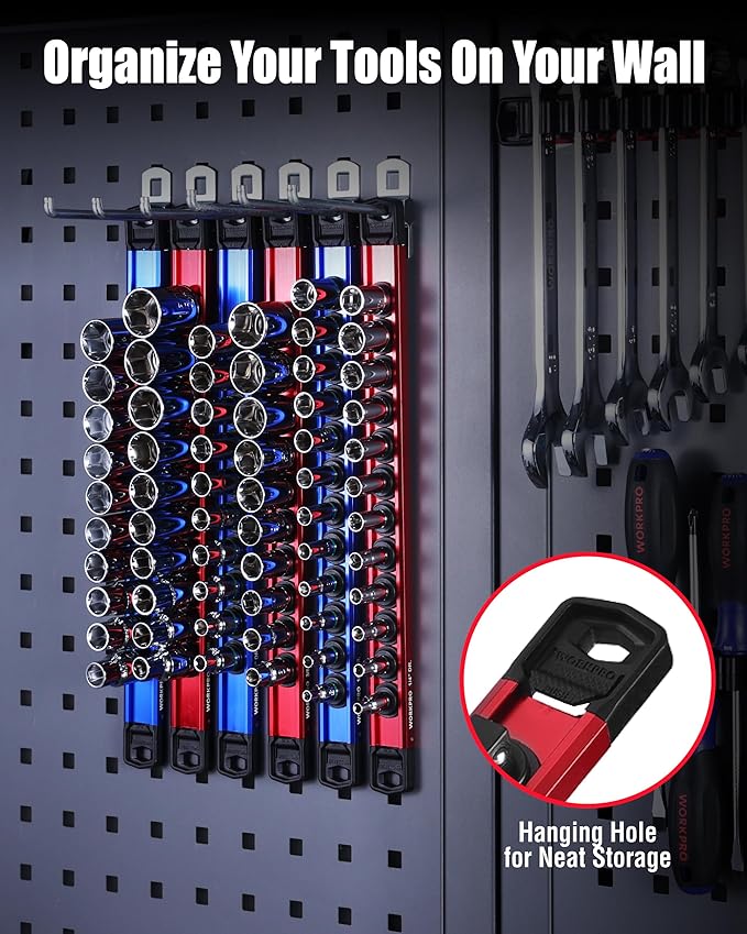 WORKPRO 8-Piece Magnetic Socket Organizer and Magnetic Screwdriver Organizer Set, 6-Piece 1/4", 3/8" & 1/2" Drive Metric & SAE Socket Rail, 2-Piece Screwdriver and Wrench Holder(Sockets not Included)