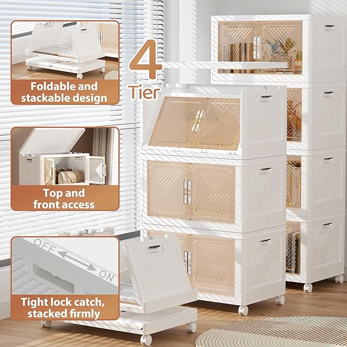 Storage Bins with Lid 120QT, Stackable Storage Containers with Wheels and Magnetic Doors, Plastic Clothes Closet Organizers and Storage Box for Home and Office (4 Pack)