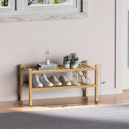 (Thick Bamboo Shoe Rack for Entryway, 2-Tier Free Standing Shoe Racks Stackable Shoe Rack Organizer for Hallway Closet Living Room 27 x12 x14 Inches