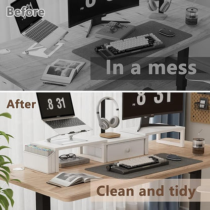 LAND·VOI Heavy Duty Dual Monitor Stand, Holds 2 Screens Up to 27 Inches, Adjustable Length and Angle Monitor Riser, Desk Organizer with Side Pockets and Drawers, Home Office Desk Storage, White