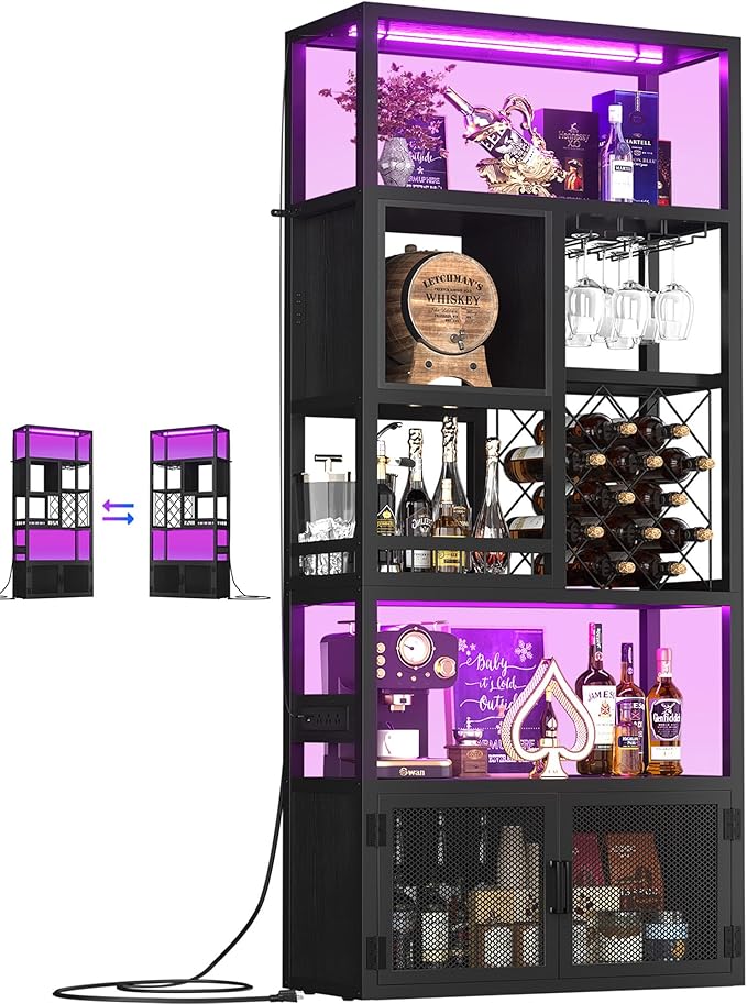 82.6" Tall Bar Cabinet with Power Outlets, 6-Tiers Reversible Wine Cabinet with LED Lights, Glass Holder & Wine Rack, Liquor Storage Cabinet Coffee Bar Unit Station for Dining Living Room, Black