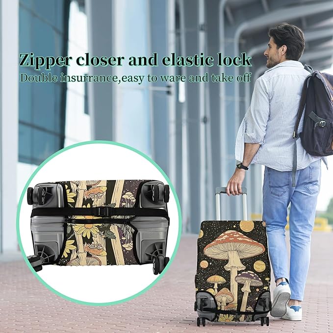 Luggage Cover + Tag, Mushrooms Travel Suitcase Protector for 18-20 inch Luggage (S) with Concealed Zipper, Washable Elastic Cloth, Dustproof, Anti-Scratch