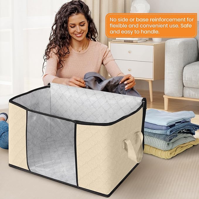 Fab totes 24 Gallons Clothes Storage, Foldable Thick Fabric Blanket Storage Bags, Containers for Organizing Bedroom, Closet, Clothing, Comforter, Organization with Handle (8 Pack,Beige)