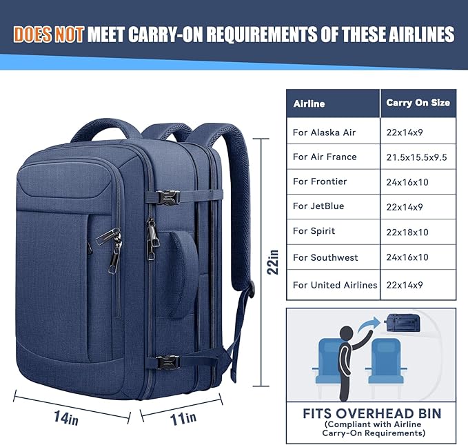 55L Travel Backpack, Extra Large Laptop Backpack, Carry On Backpack, Expandable 50L - 60L Large Luggage TSA Flight Approved Anti-Theft Laptop Bag, 18.4 Inch Business Weekender Bag For Men, Blue