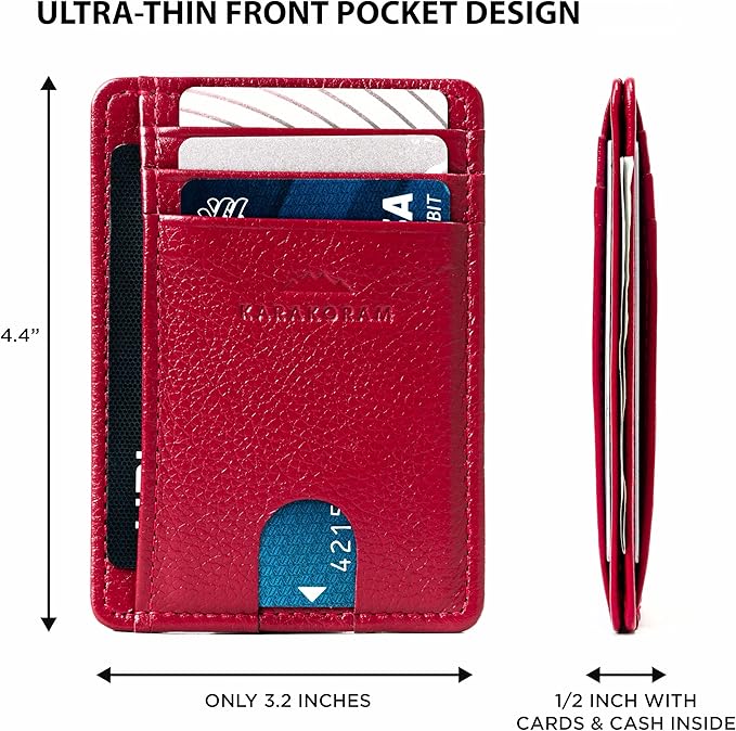 KARAKORAM Vertical Handcrafted Premium Leather Front Pocket Credit Card Holder with RIFD Protection | Artisan Made Slim Leather Wallet | Finger Glide Slots for Cards and ID (Summit Sunset Red)