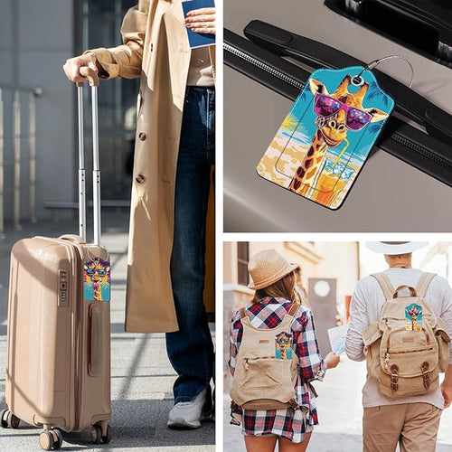 2 Pack Colorful Giraffe Luggage Tags for Suitcase, Leather Luggage Tags Cute, Privacy Cover ID Label with Stainless Steel Loop & Address Card, Giraffe Travel Bag Tag Luggages Accessories for Suitcases
