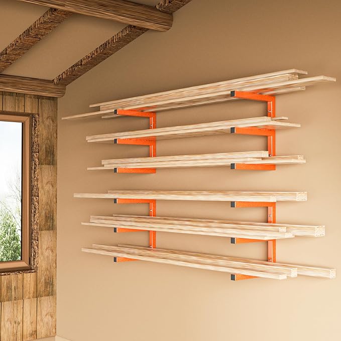 YYR Wood Organizer and Lumber Storage Rack Wall Mount, Heavy Duty Metal Shelf with 6-Level Holds Up 1200 LBS, Indoor & Outdoor Use - Orange