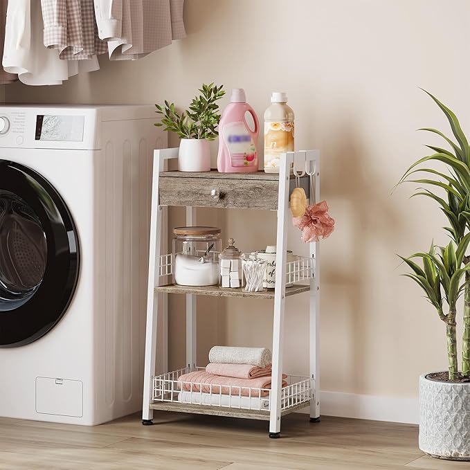 3-Tier Ladder Shelf with Drawer, Bathroom Floor Storage Shelf, Freestanding Tower Shelf Ladder Bookshelf for Living Room,Bedroom -White