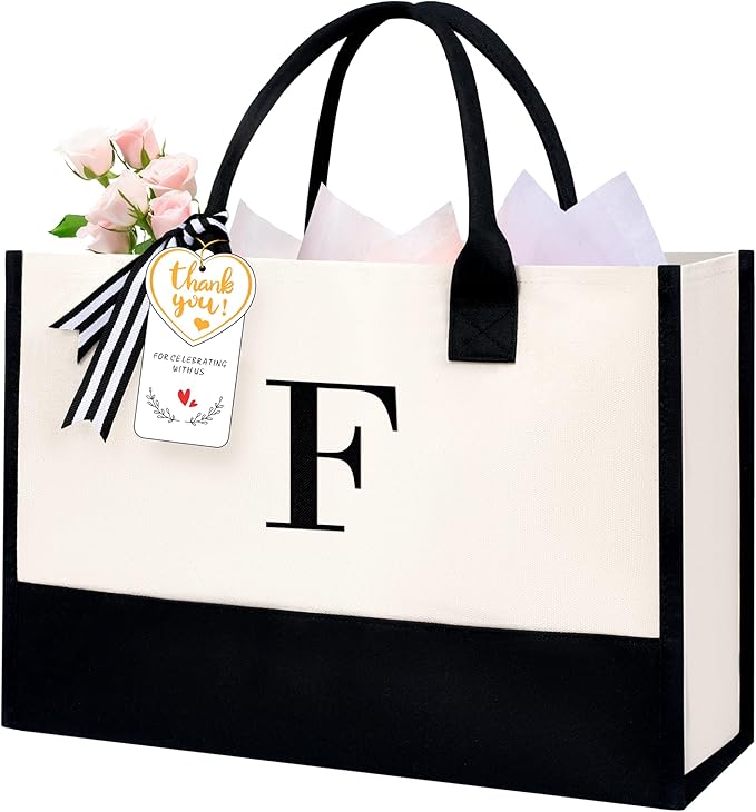 BAGAIL Initial Tote Bag, Personalized Birthday Gifts for Women, Teacher, Friends, Mom, Wedding, Monogrammed Beach Bag