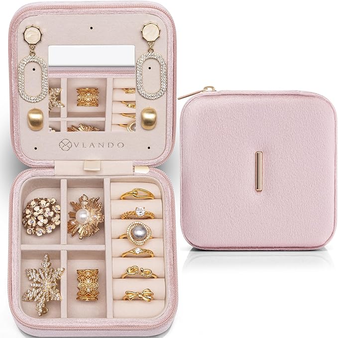 Vlando Valentines Day Gifts for Her - Jewelry Organizer, Necklace, Earrings, Ring Organizer - Travel Essentials - Pink