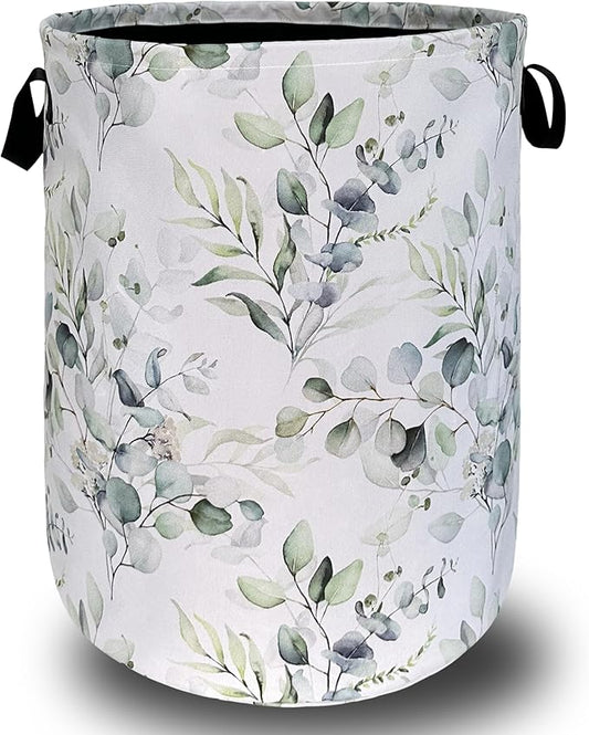 Watercolor Green Leaves Branches Laundry Hamper With Handles Foldable Oxford Cloth Tote Bag Colorful Laundry Basket Clothes Toy Storage Bucket 18.9" x 16.5" For Bathroom/Laundry/Bedroom