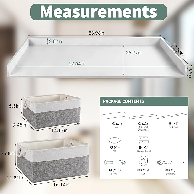 Washer Dryer Countertop with 2 Pack Storage Baskets, Wood Washer and Dryer Countertop with Non-Slip Pads/Edge Rails for Laundry Room Storage and Organization, 27.5" W x 54" L(White)