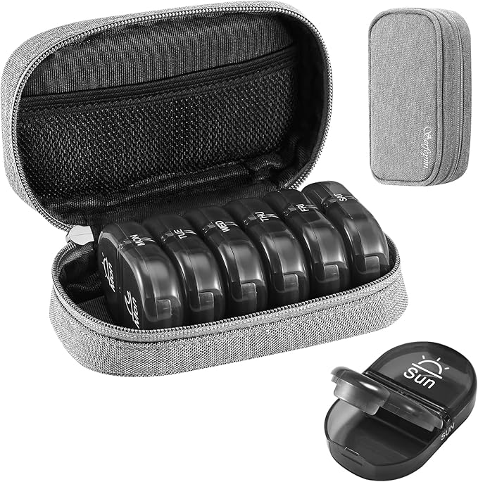 Serfeymi Weekly Travel Pill Organizer 2 Times A Day AM PM Upgraded Black Pill Box 7 Day with Portable Zipper Canvas Pill Case, Medicine Organizer for Pills, Vitamins, Supplements, Fish Oils - Grey 01