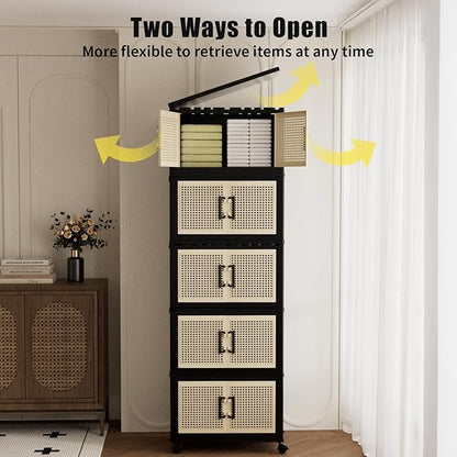 Stackable Storage Bins with Lids,Collapsible Plastic Storage Box Closet Organizers and Storage with Wheels and Magnetic Door for Home Office Dorm (5 Pack)