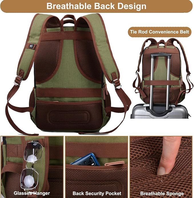 Mactso Canvas Travel Laptop Backpack for Men Women, Business Work Rucksack College School Computer Bag Fits 15.6 Inch Notebook,Bookbag with USB Charging Port (Green, 15.6 Inch)